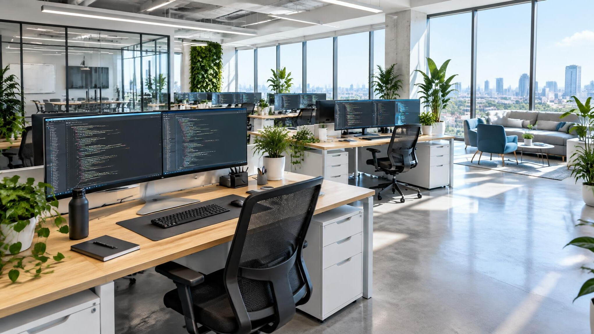 Modern open-plan corporate office with desks and monitors